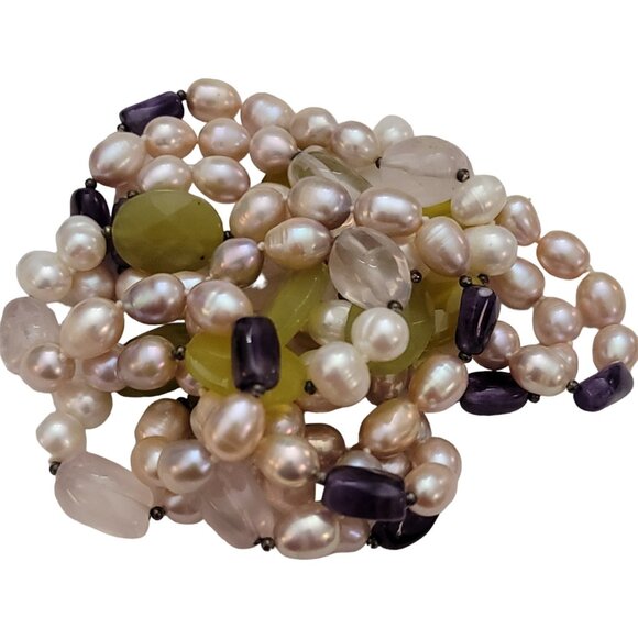 Pearl, Quartz Amethyst Knotted Strand Necklace 60" Long, K129 - Picture 4 of 9
